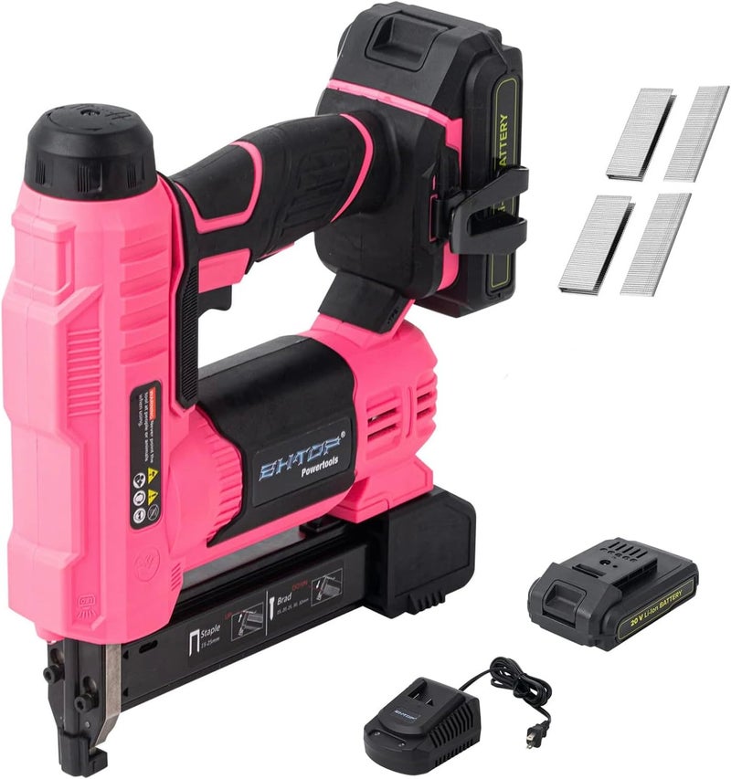 BHTOP 20V Cordless Brad Nailer＆Stapler, 18 Gauge 2 in 1 Stapler Kit, Heavy Finish Nail Gun with 2.0A Rechargeable Battery, Charger, 2500 Brad Nails and 500 Staples in Pink - Image 1